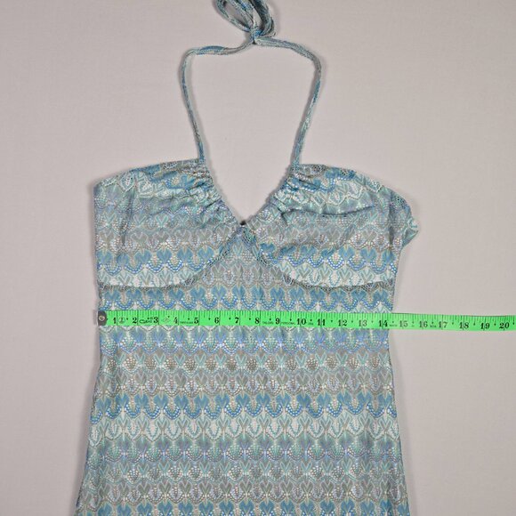 Wild‎ Fable Maxi Halter Dress M Blue Geometric Open Back Tie Slit Y2K Boho Chic - Picture 9 of 15
